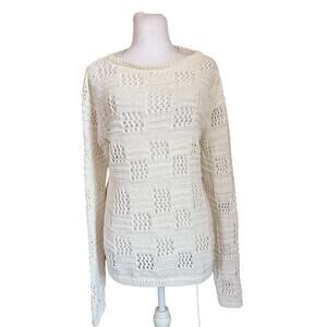 Banana Republic Women Sweater Sz M Waffle Knit Open Stitch Square Panels Cream